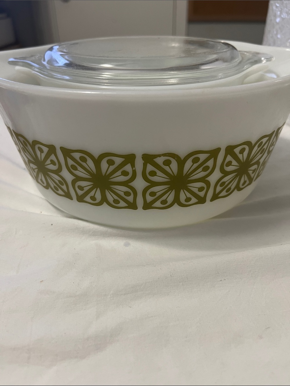 Pyrex White Casserole Dish with Olive Green Floral Band and Glass Lid